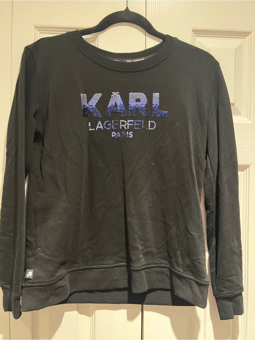 Karl Lagerfeld Black Crewneck Sweater with Blue Sequin Logo